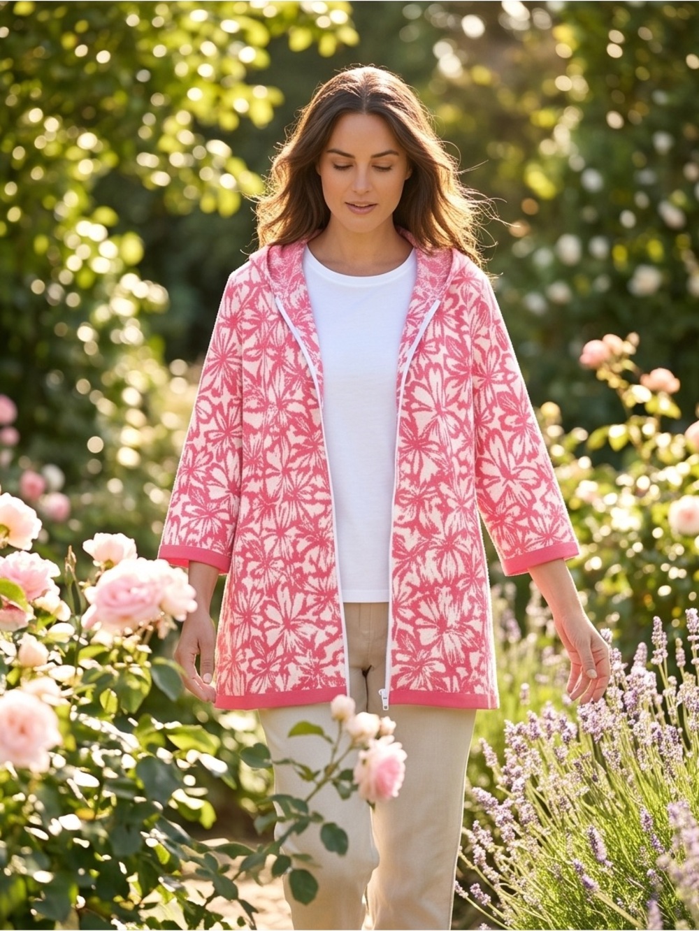 Christopher & Banks Floral Hooded Zip Cardigan Sweater XL 100% Cotton Pink